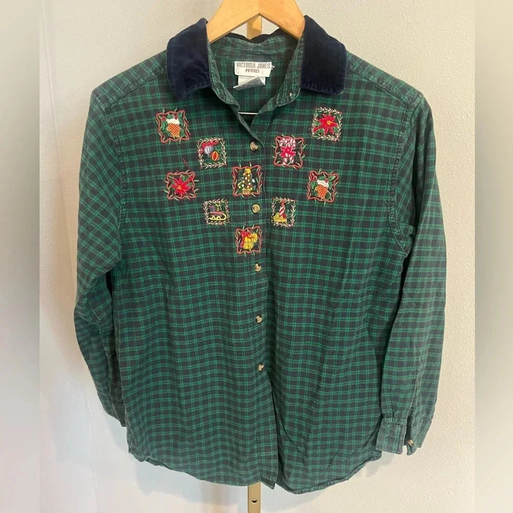 Vtg Christmas Victoria Jones Top Green Plaid‎ Button Up Embroidered Petite Large